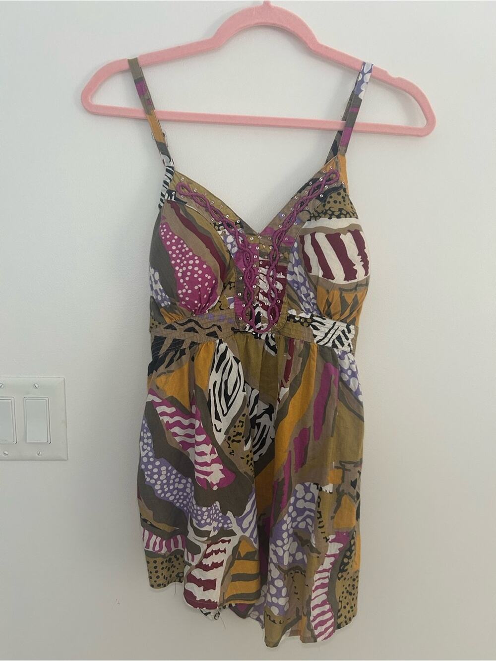 Y2K Boho Lace Up Cami Tank Top Medium 100% Cotton Animal Abstract Print